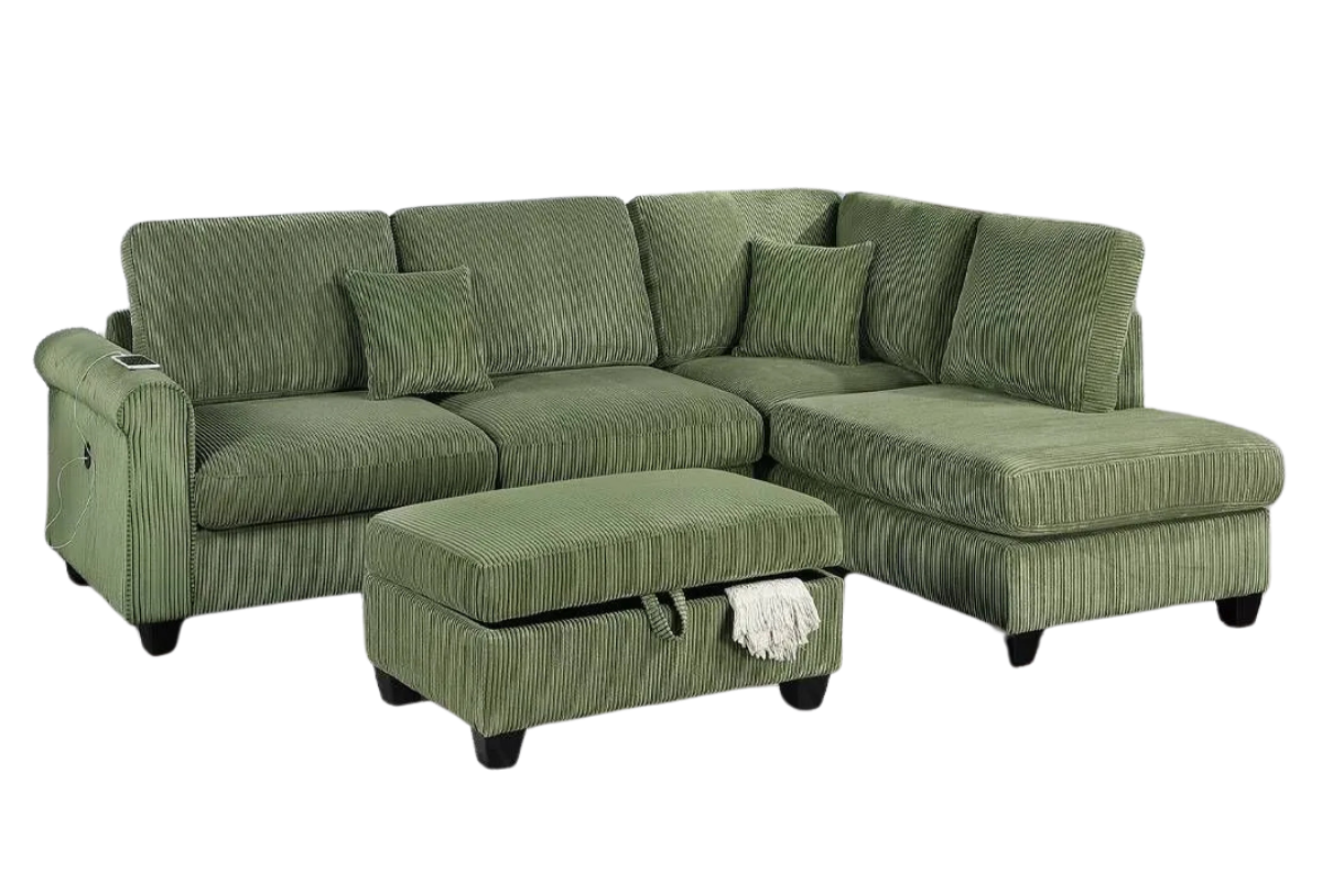 Corduroy 3-Piece Sectional Sofa w ottoman