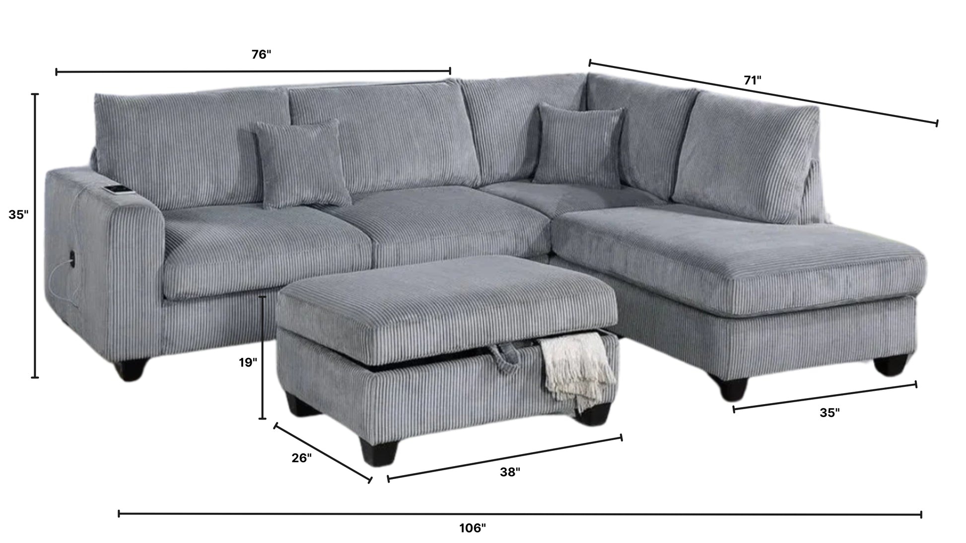 Corduroy 3-Piece Sectional Sofa w ottoman