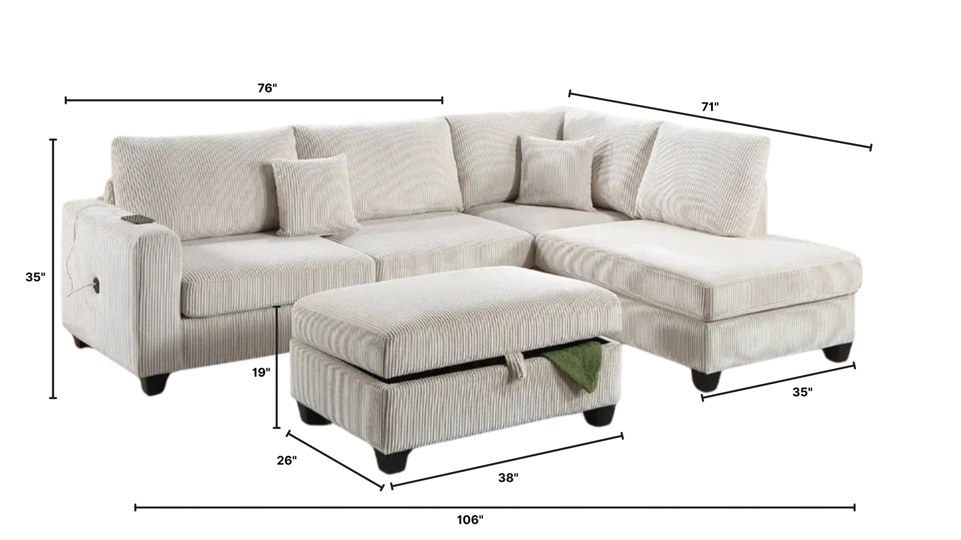 Corduroy 3-Piece Sectional Sofa w ottoman