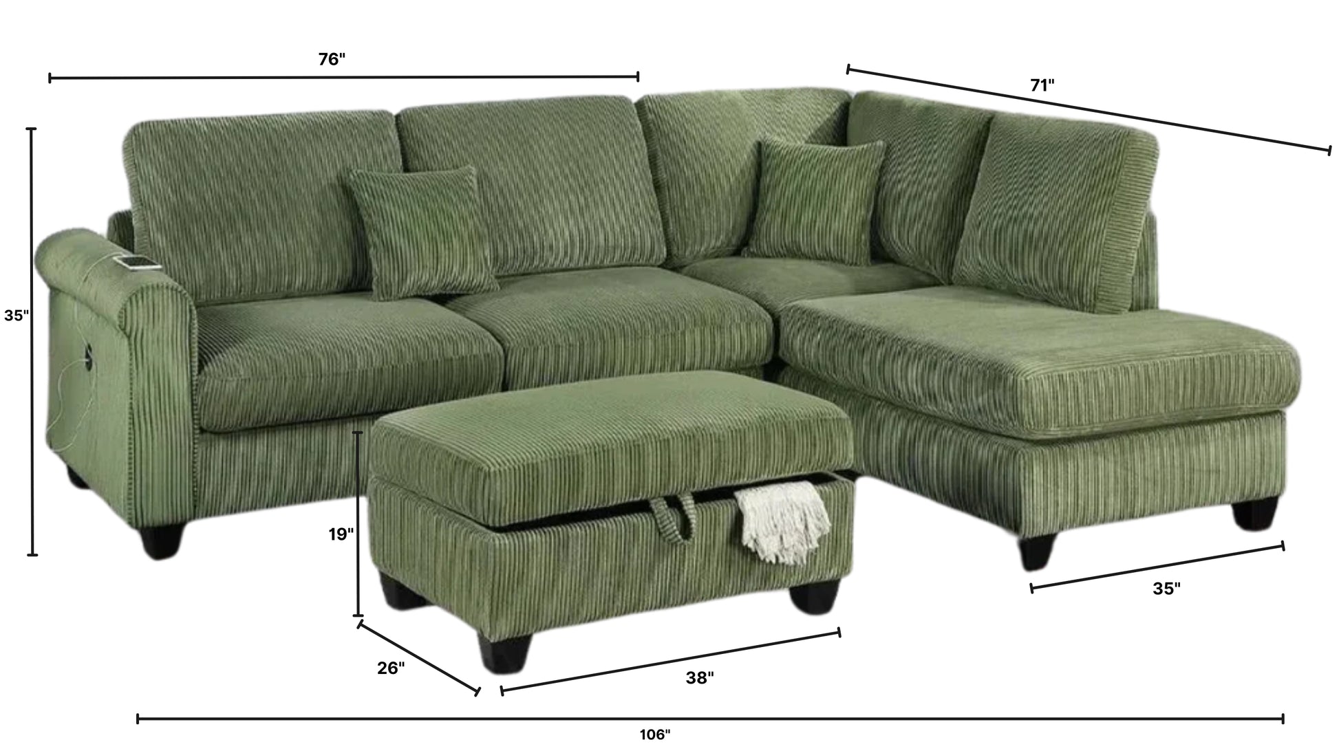 Corduroy 3-Piece Sectional Sofa w ottoman