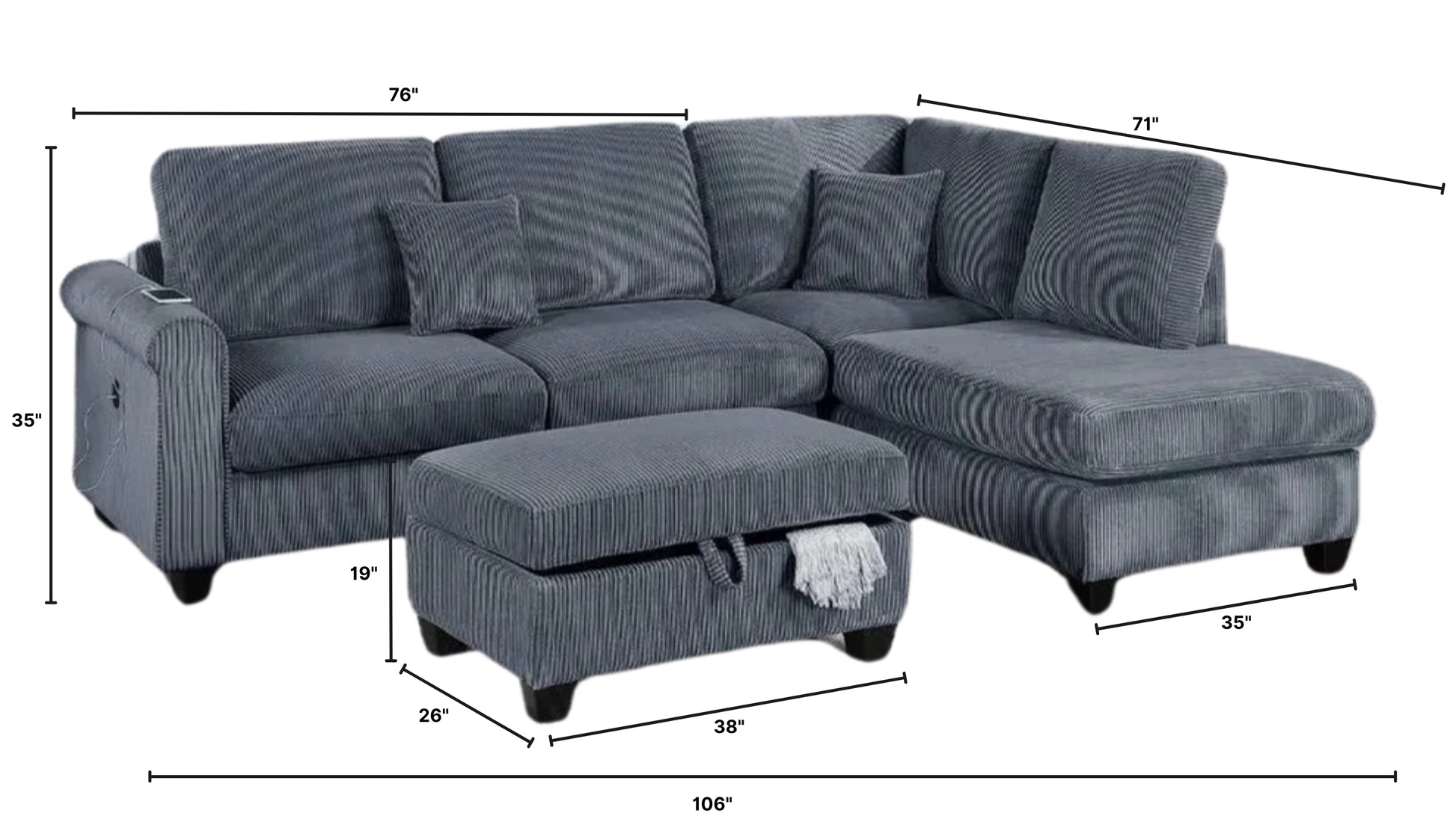 Corduroy 3-Piece Sectional Sofa w ottoman