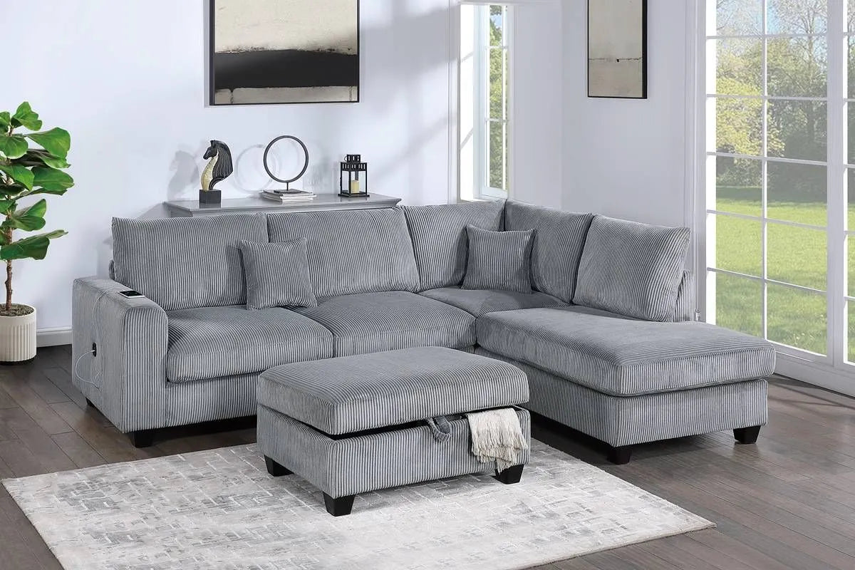 Corduroy 3-Piece Sectional Sofa w ottoman