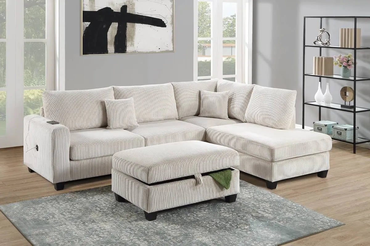Corduroy 3-Piece Sectional Sofa w ottoman