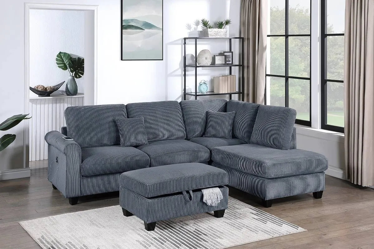 Corduroy 3-Piece Sectional Sofa w ottoman