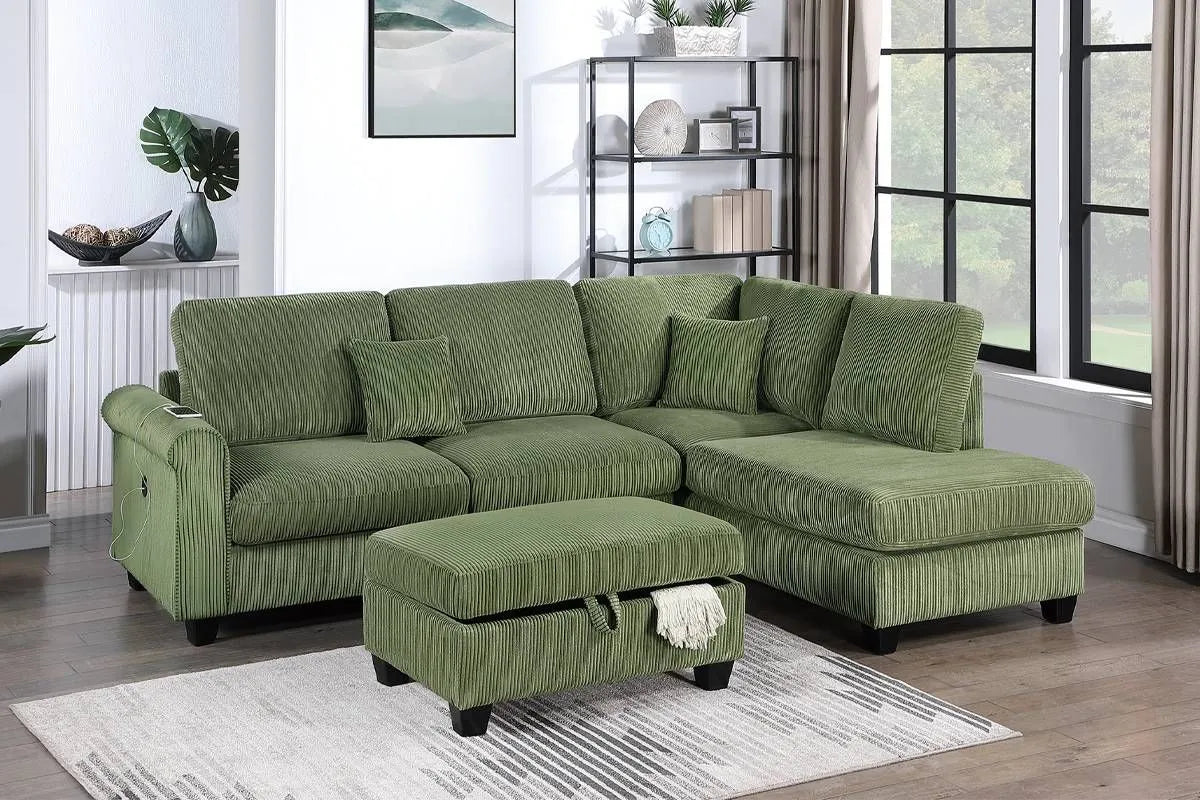 Corduroy 3-Piece Sectional Sofa w ottoman
