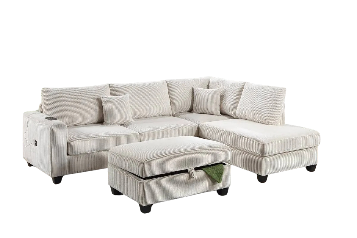 Corduroy 3-Piece Sectional Sofa w ottoman