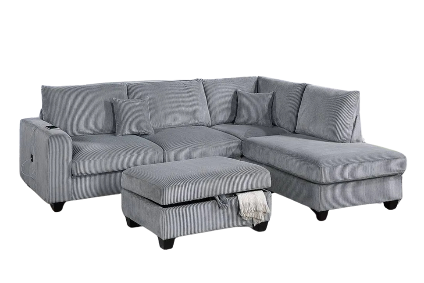 Corduroy 3-Piece Sectional Sofa w ottoman
